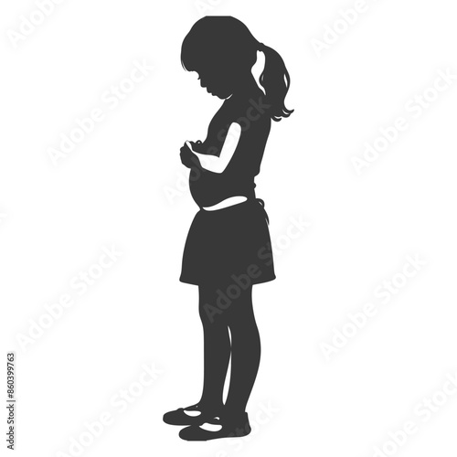 Silhouette of Little Girl Looking Down, Hands Clasped.