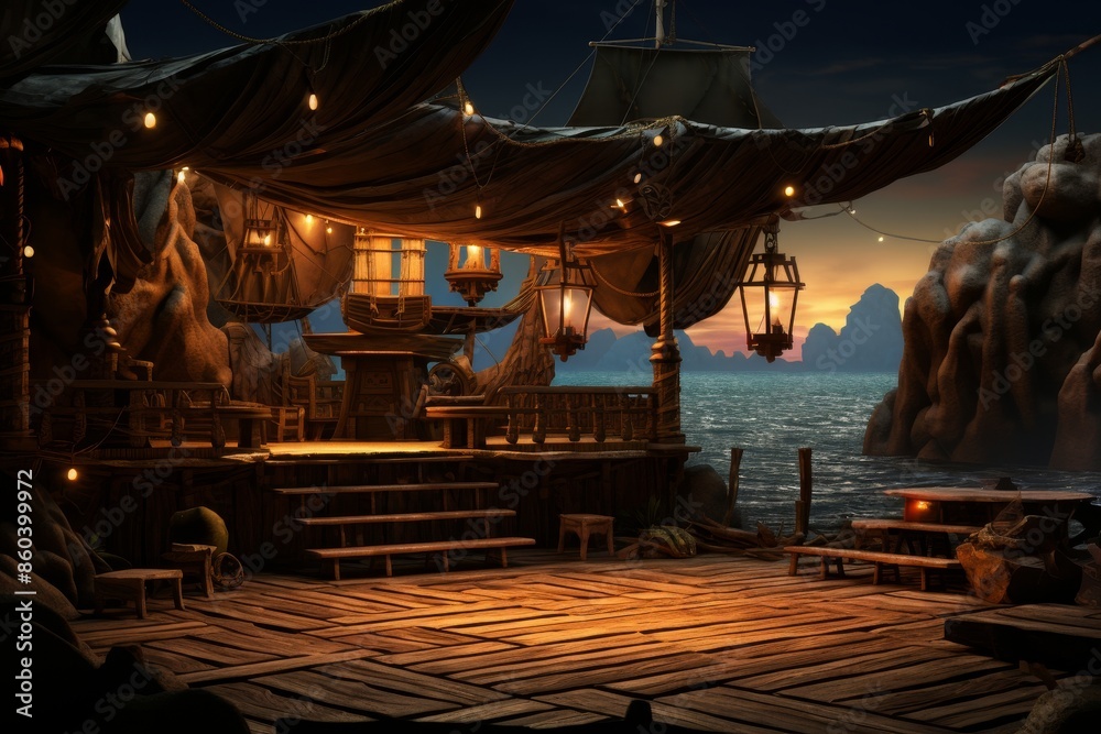 A Pirates Cove themed night club stage in 3D, featuring treasure chest ...