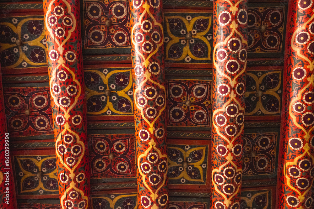 Details of Tach Khaouli ceiling, wooden painted, colorful, ornaments in Khiva, Uzbekist Details of Tach Khaouli ceiling, wooden painted, colorful, ornaments in Khiva, Uzbekist