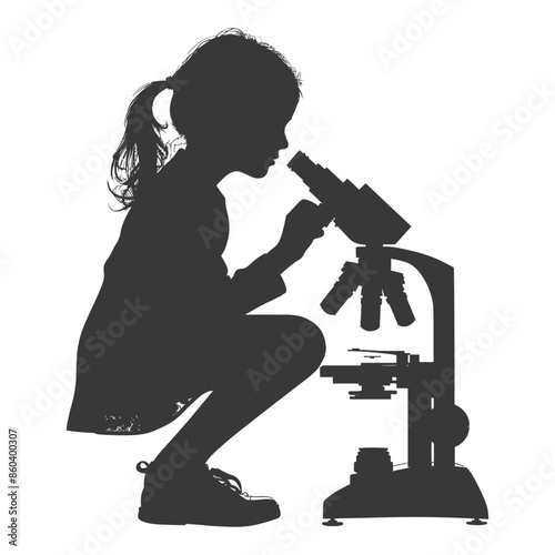 Silhouette of a Girl Squatting, Intently Viewing Through a Microscope.