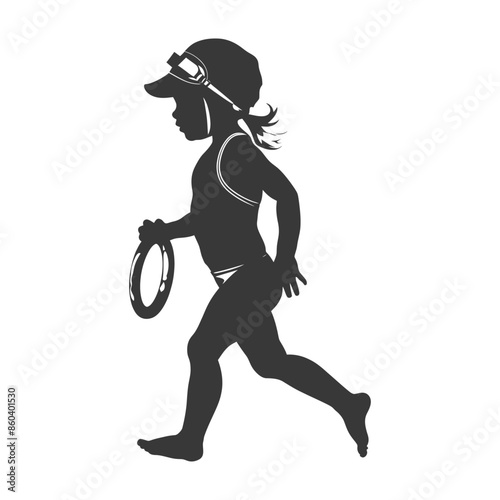Retro Swimmer Silhouette: Girl Running with Inner Tube, Vintage Goggles.