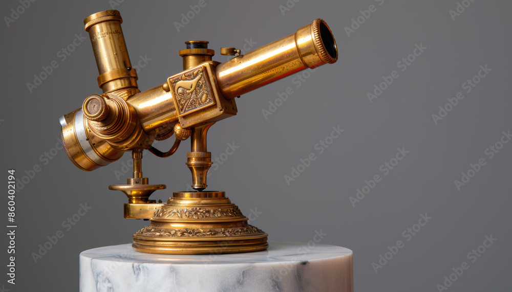 A gold telescope is sitting on a marble pedestal A gold telescope is sitting on a marble pedestal