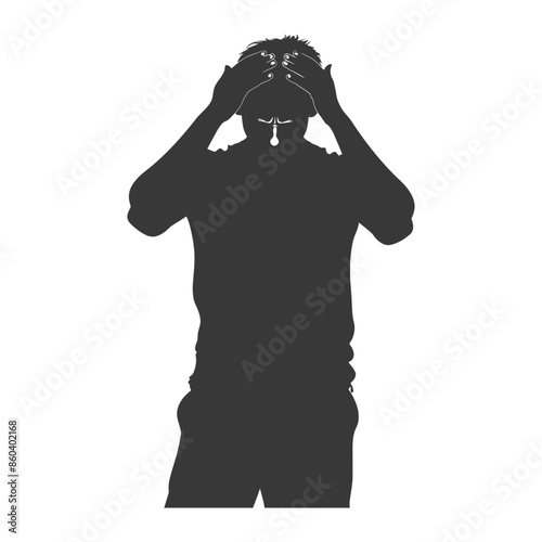 Silhouette of a man with hands on head, possibly distraught, isolated.