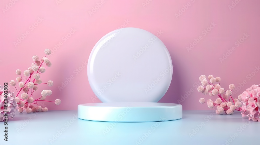 Minimalist product display with white and blue podiums and pink flowers.