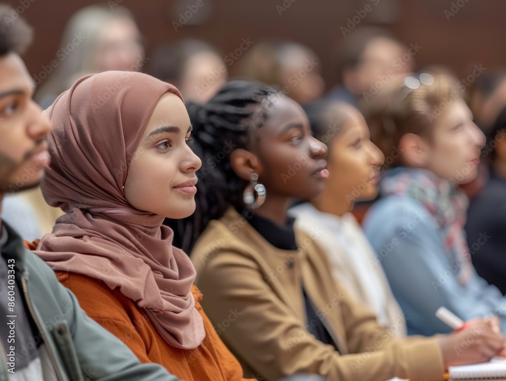 Obraz premium Multi-ethnic group of students engaged in lecture listening and learning.