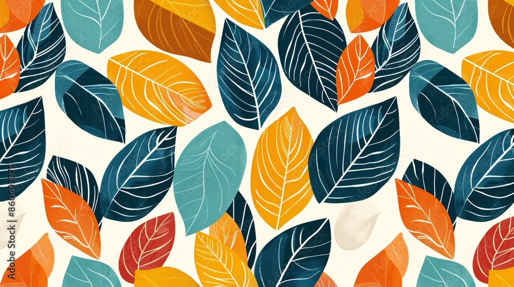 A contemporary seamless pattern with abstract geometric leaves in varied sizes and shapes. The design includes bold colors like teal, mustard, and coral, arranged against a contrasting background, A contemporary seamless pattern with abstract geometric leaves in varied sizes and shapes. The design includes bold colors like teal, mustard, and coral, arranged against a contrasting background,