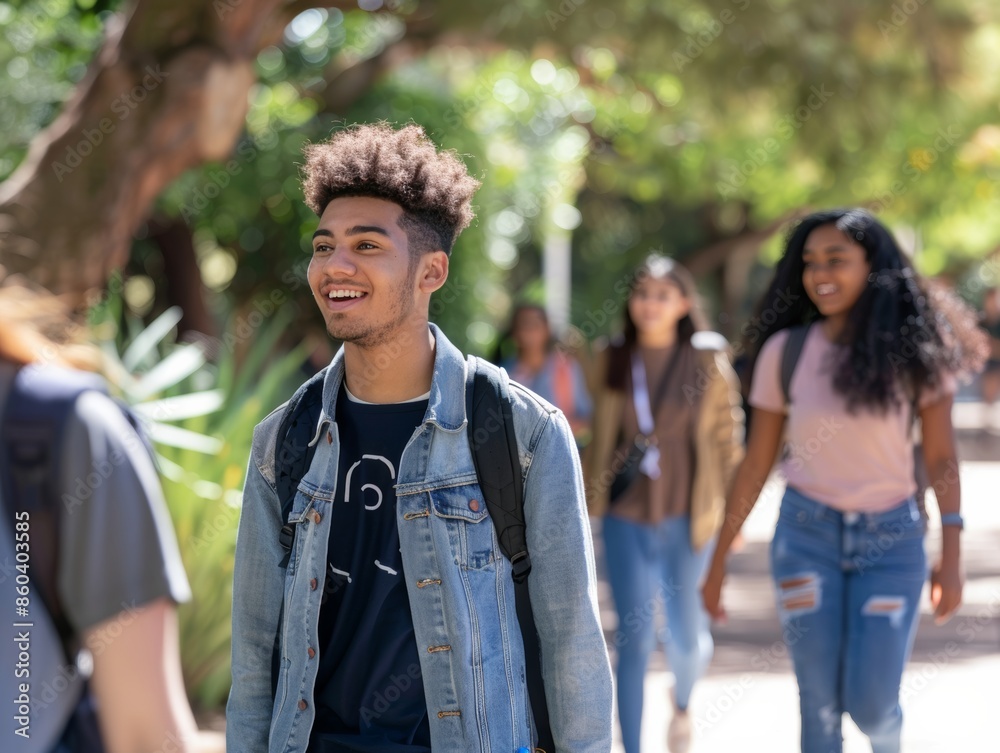 Happy Diverse College Students Walking Together on Campus Smiling and Socializing Happy Diverse College Students Walking Together on Campus Smiling and Socializing