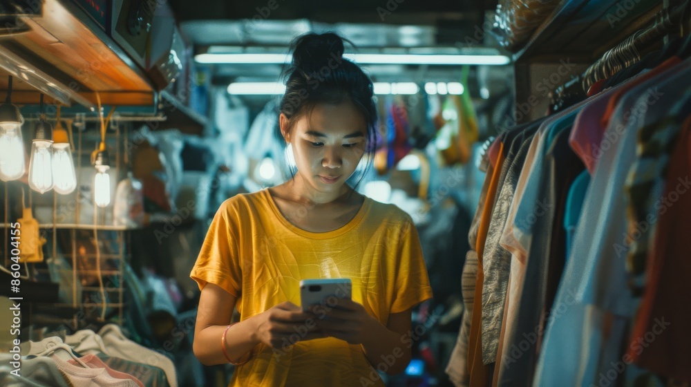 Woman in Asia using an app to discover and buy from local sustainable fashion brands Woman in Asia using an app to discover and buy from local sustainable fashion brands