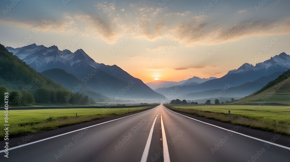 The natural scenery of the mountains and an asphalt highway road at dawn. broad perspective. The natural scenery of the mountains and an asphalt highway road at dawn. broad perspective.
