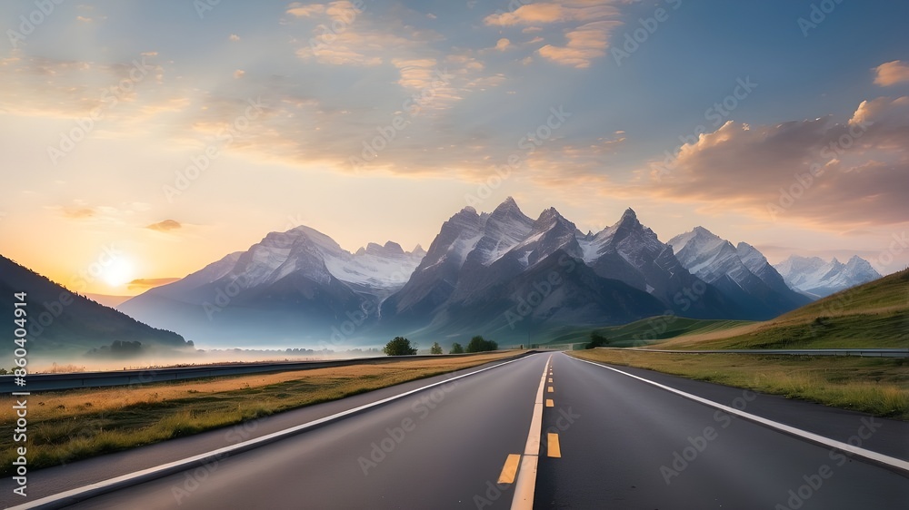 The natural scenery of the mountains and an asphalt highway road at dawn. broad perspective. The natural scenery of the mountains and an asphalt highway road at dawn. broad perspective.