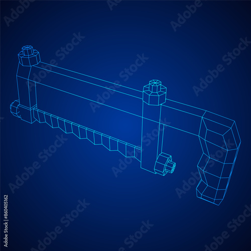 Hacksaw manual or Hand hacksaw. Wireframe low poly mesh vector illustration