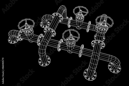 Oil pipeline with valve. Petrol production. Petroleum fuel industry transportation line. Wireframe low poly mesh vector illustration