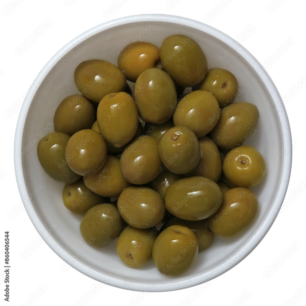 Olives on twig isolated on transparent background. Top up view white ceramic bowl with green olives. Olives on twig isolated on transparent background. Top up view white ceramic bowl with green olives.