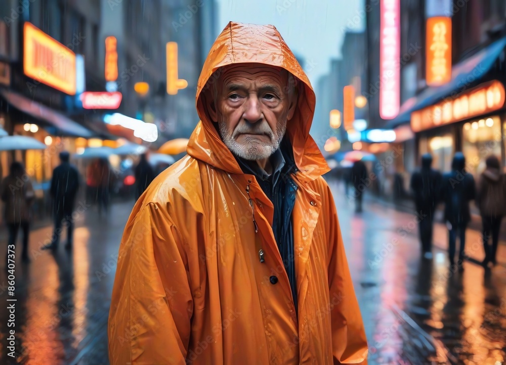 Fototapeta premium An image of an old man standing in a bustling city street during a rainy day