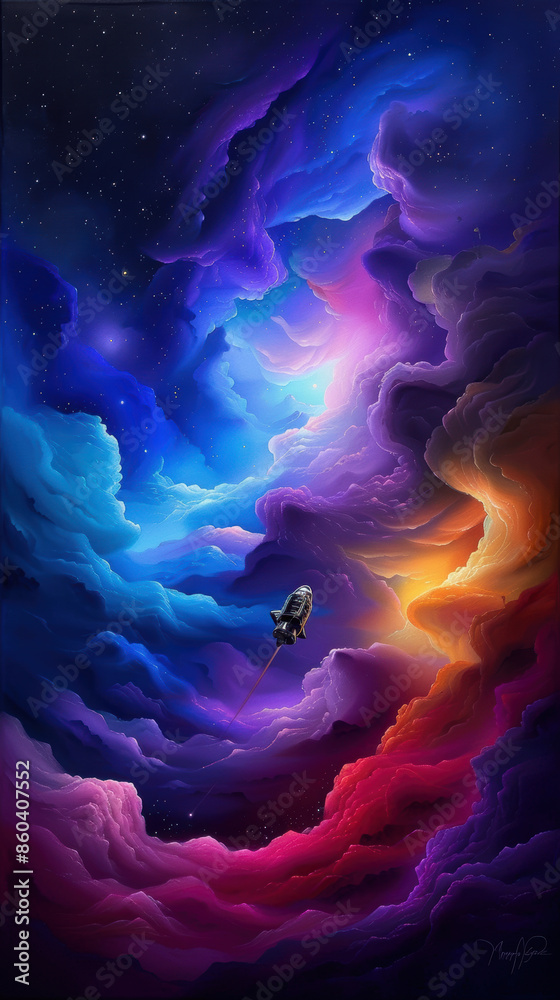 Obraz premium A colorful space scene with a spaceship flying through it