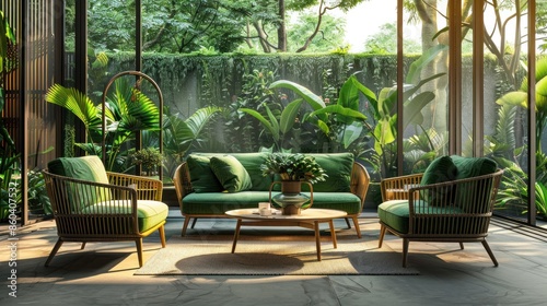 a set of green sofa table and chairs, terrace yard with forest concept, flower vase in the corner. back to nature.