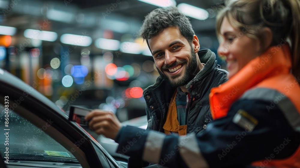 A smiling attendant accepts a parking payment from a car driver using a card, A smiling attendant accepts a parking payment from a car driver using a card,