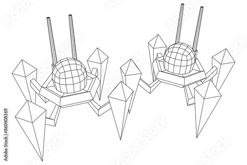 Spider robot with radar antenna. Nanobot, nanotechnology medical concept. Wireframe low poly mesh vector illustration
