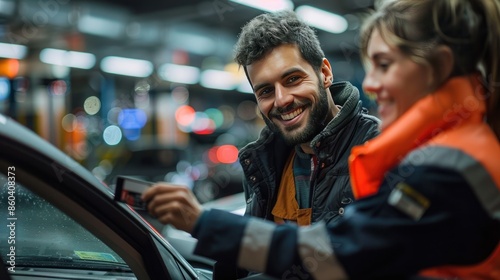 A smiling attendant accepts a parking payment from a car driver using a card,