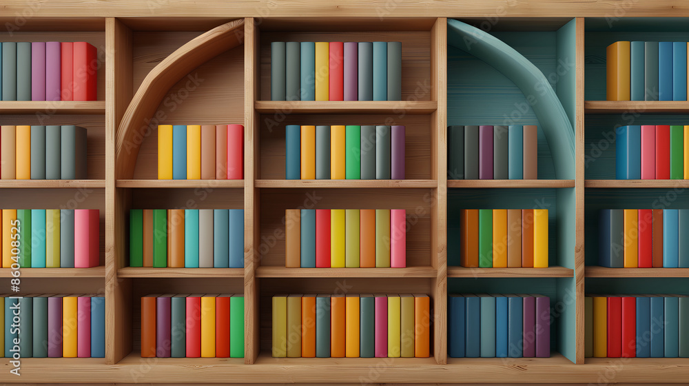 3d render of colorful book shelf, simple wooden background, 3d render of colorful book shelf, simple wooden background,