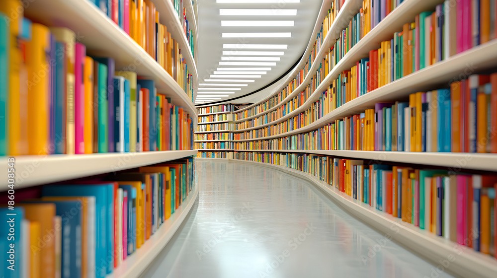 Fototapeta premium 3D render of curved bookshelves filled with colorful books in a white library interior.