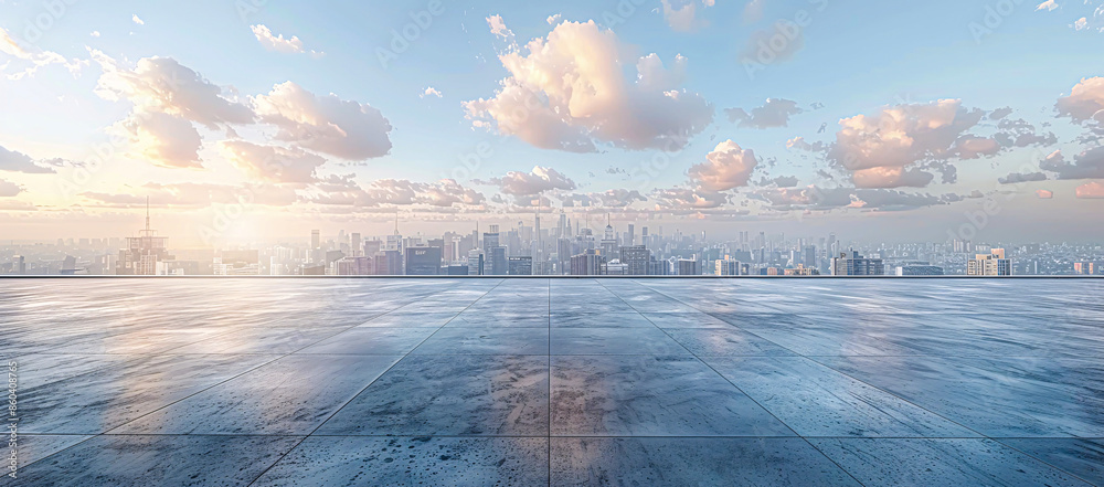 Fototapeta premium Modern cityscape with high-rise buildings and a clear sky, viewed from a rooftop platform with reflective surface under morning light.