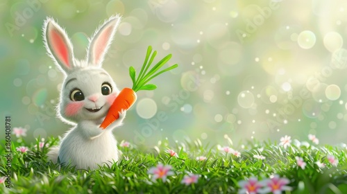 Adorable cartoon bunny holding a carrot in a vibrant meadow with blooming flowers and a blurred, sunny background.