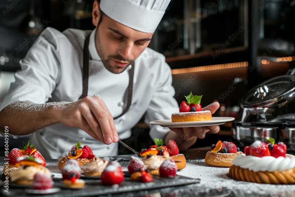 A pastry chef preparing various desserts in kitchen. A pastry chef preparing various desserts in kitchen.