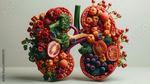 Artistic 3D depiction of kidneys using colorful produce.3D kidney-shaped arrangements of fruits and vegetables. photo
