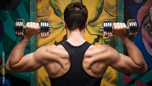 A view from behind of a handsome, strong young man exercising with metal dumbbells in his hands, an adult muscular male, athlete with weights, concept of fitness, healthy lifestyle, physical activity.