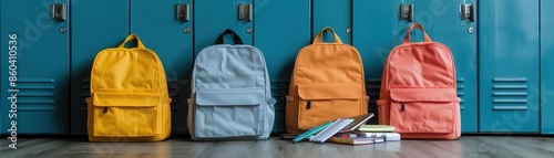 Backpacks with school supplies spilling out, placed in front of lockers, busy academic life, School essentials photo