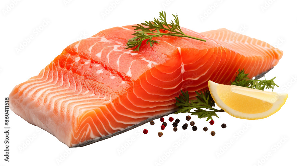 photo of a whole fresh salmon fish alongside sliced salmon meat, isolated on a white background PNG photo of a whole fresh salmon fish alongside sliced salmon meat, isolated on a white background PNG