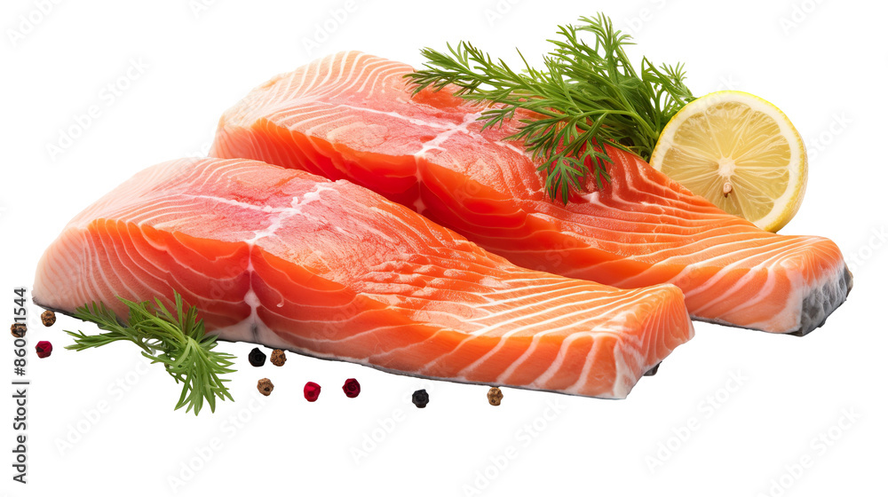 photo of a whole fresh salmon fish alongside sliced salmon meat, isolated on a white background PNG photo of a whole fresh salmon fish alongside sliced salmon meat, isolated on a white background PNG