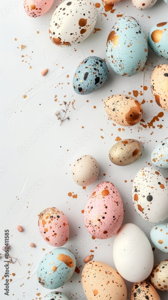 Happy Easter. Modern Easter eggs on nordic style plate, spring flowers on white background. Stylish, elegant flat lay composition. Top view Happy Easter. Modern Easter eggs on nordic style plate, spring flowers on white background. Stylish, elegant flat lay composition. Top view