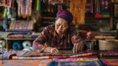 Woman in Asia buying handcrafted textiles from an online artisan market
