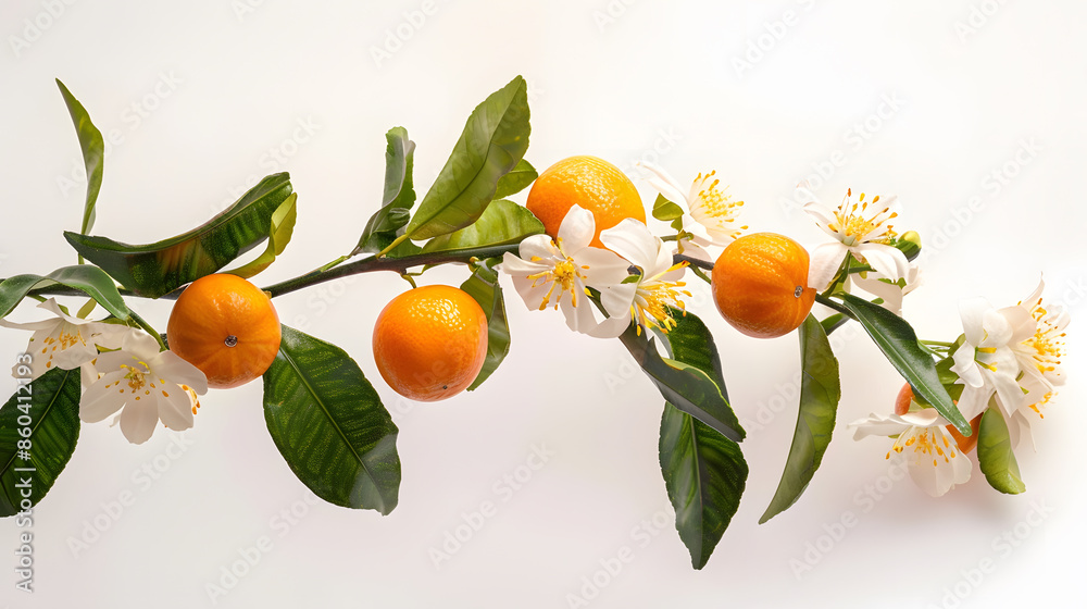 a branch of an orange or tangerine tree with fruits and flowers isolated on a white background : Generative AI a branch of an orange or tangerine tree with fruits and flowers isolated on a white background : Generative AI