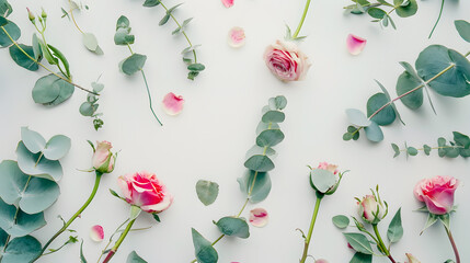 Flowers composition Rose flowers and eucalyptus branches on white background Flat lay top view copy space : Generative AI