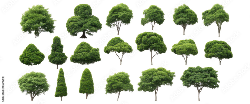 Fototapeta premium Collection of various tree species with dense foliage, isolated with transparent concept. Ideal for landscaping and nature projects.