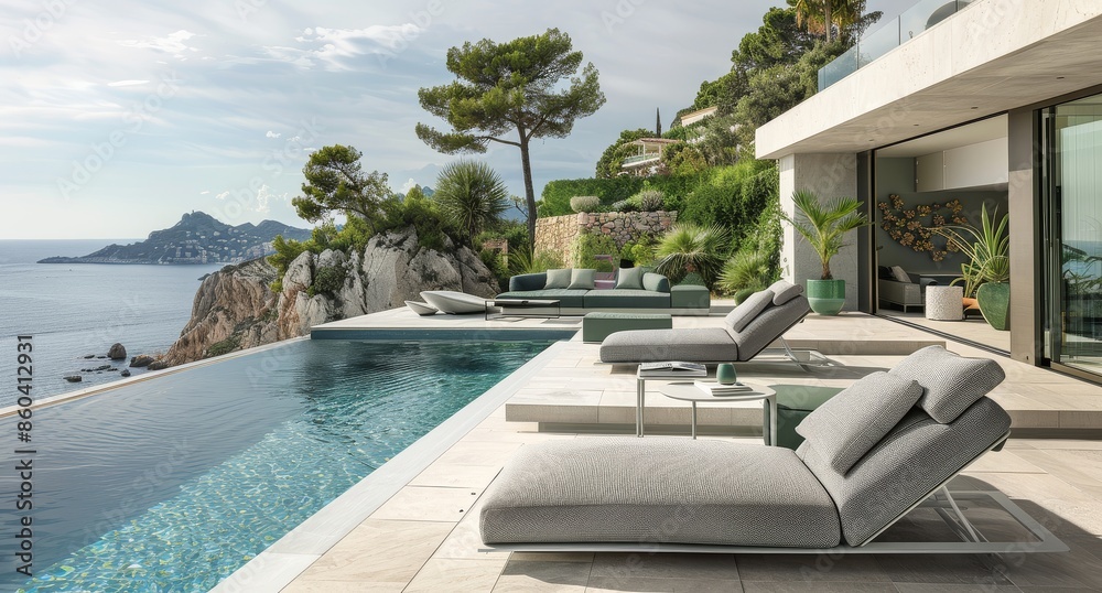 Fototapeta premium Modern Outdoor Sunbed With Two Sides, Gray Fabric And White Metal Frame, Infinity Pool, Mediterranean Sea View, Summer, Ckadid Sccalbini Design, J Astronomy, Green Cushions, Sleek