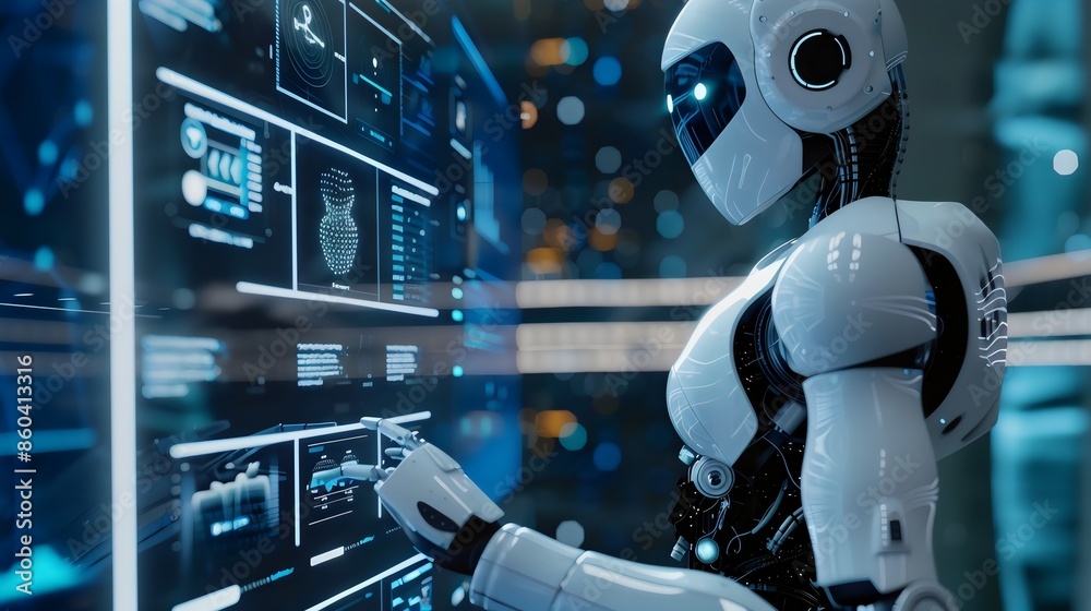 The state-of-the-art technology robot, an artificial intelligence AI cyborg, enters data by touching the digital screen into the software for development and statistics, futuristic software.