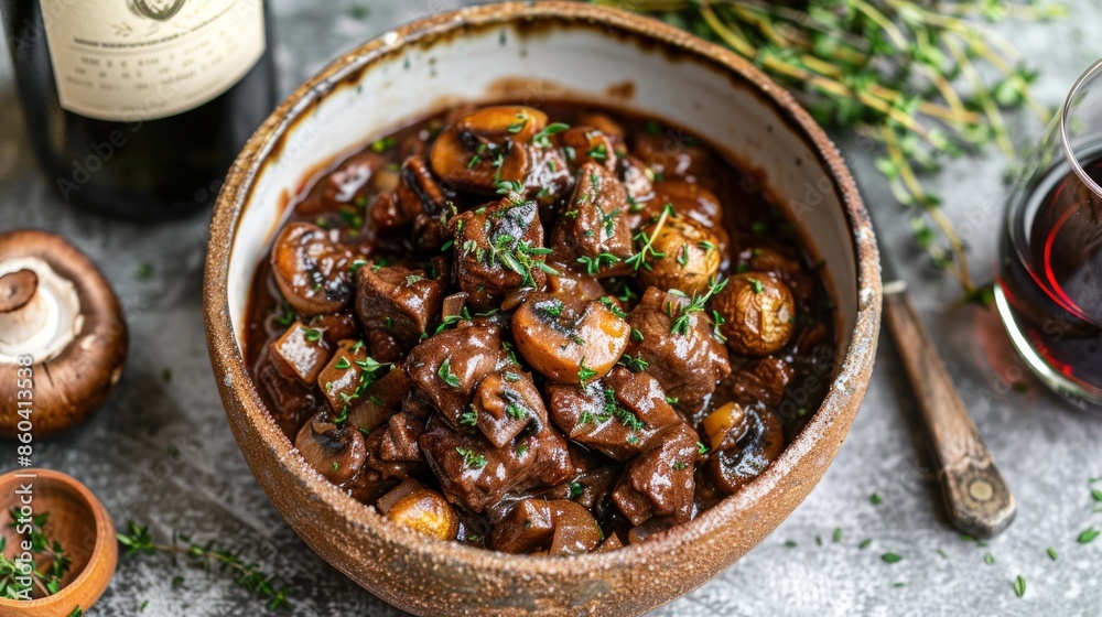 Beef, a classic French dish, features tender chunks of beef braised in a rich red wine sauce with caramelized onions, mushrooms, and aromatic herbs, offering a hearty and comforting culinary 