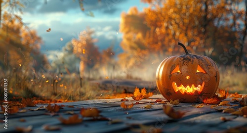 Lit Jack-O-Lantern On Wooden Path In Autumnal Forest