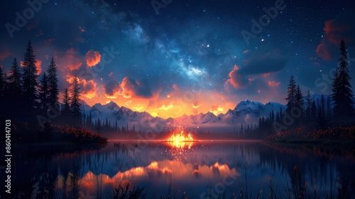 Fiery Sunset Over Mountain Lake with Milky Way