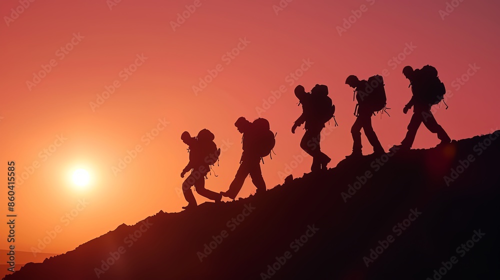 Group of hikers ascending a mountain during a vibrant sunset, emphasizing adventure, teamwork, and outdoor exploration. Group of hikers ascending a mountain during a vibrant sunset, emphasizing adventure, teamwork, and outdoor exploration.