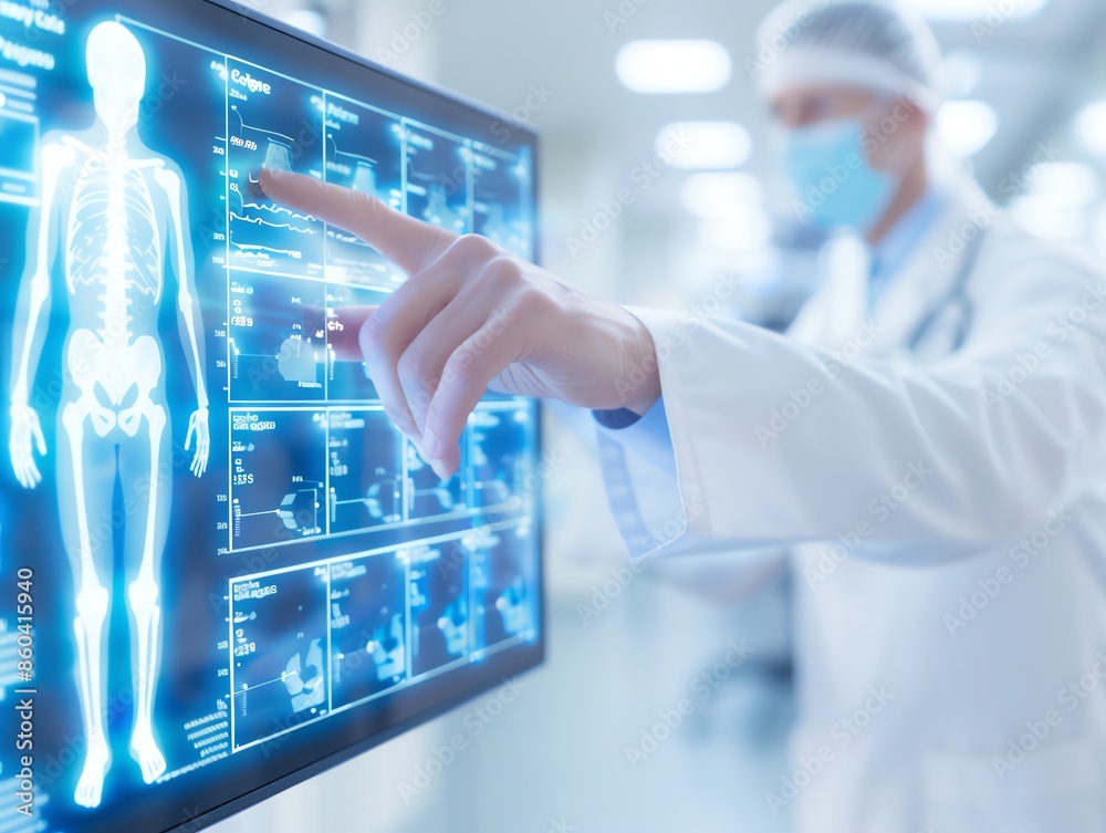 Doctor analyzing digital X-ray images on a touch screen in modern hospital. Healthcare, technology, and medical diagnostics concept. Doctor analyzing digital X-ray images on a touch screen in modern hospital. Healthcare, technology, and medical diagnostics concept.