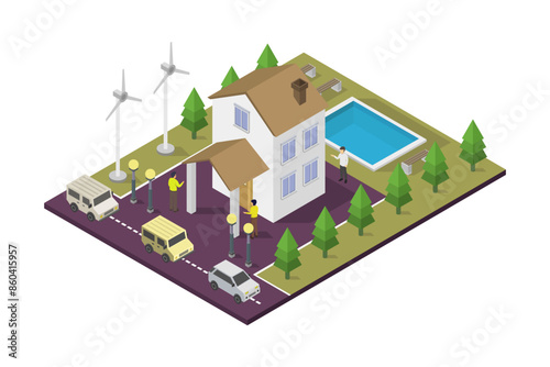 Modern House with Solar Panels isometric