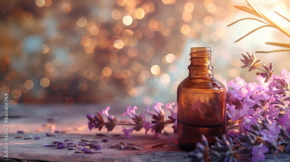 Brown glass bottle among purple flowers with soft-focus bokeh background Brown glass bottle among purple flowers with soft-focus bokeh background