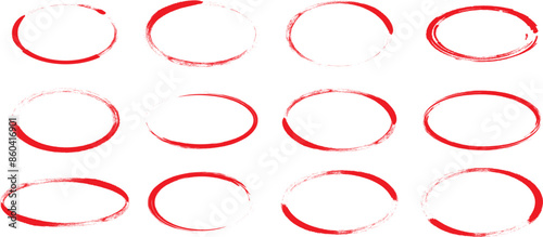 Pen line oval, red round sketch doodle, pencil charcoal marker, brush ellipse scribble, circular grunge frame, outline paint bubble, text element, freehand ring. Vector illustration