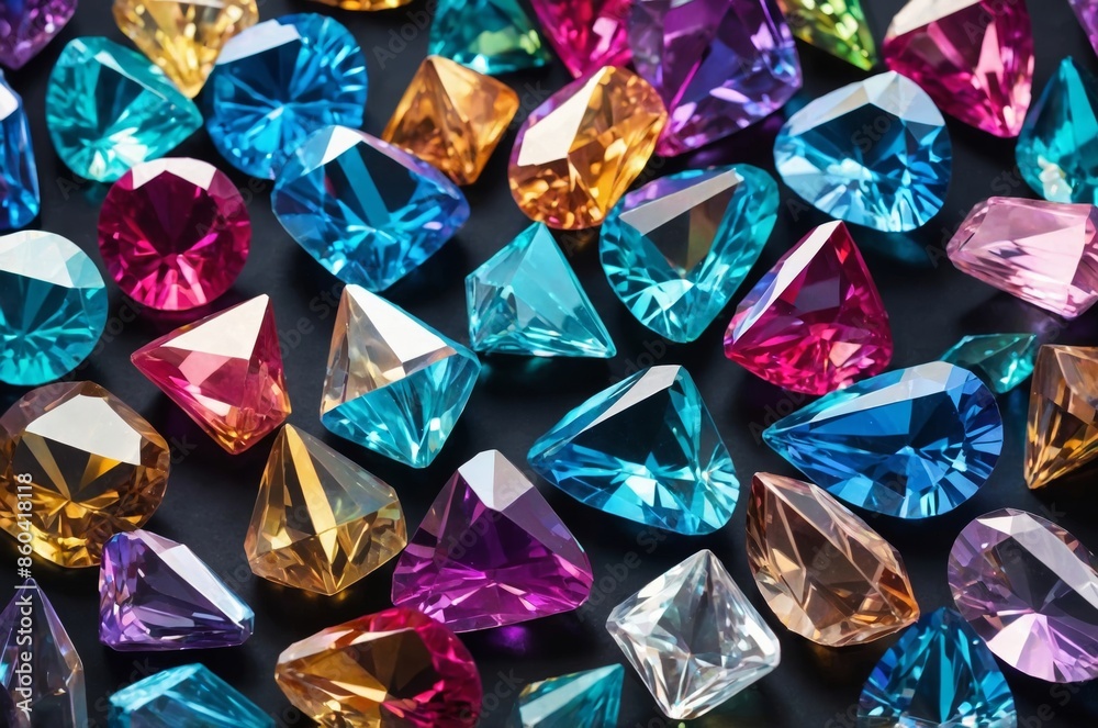 Close-up view collection of vibrant gemstones with various shapes and hues on black background Close-up view collection of vibrant gemstones with various shapes and hues on black background