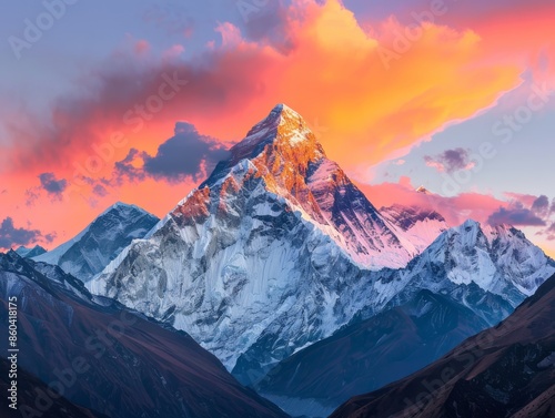 Panoramic Sunset View of Ama Dablam and Amphu Gyabjen Mountain Range photo